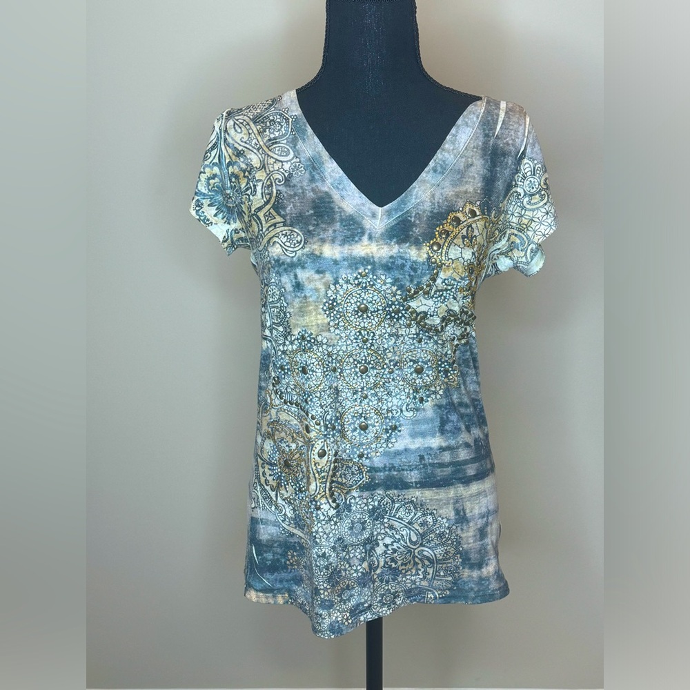 S. Twelve Short Sleeve V-Neck Top with gold accents- worn once or twice - size L